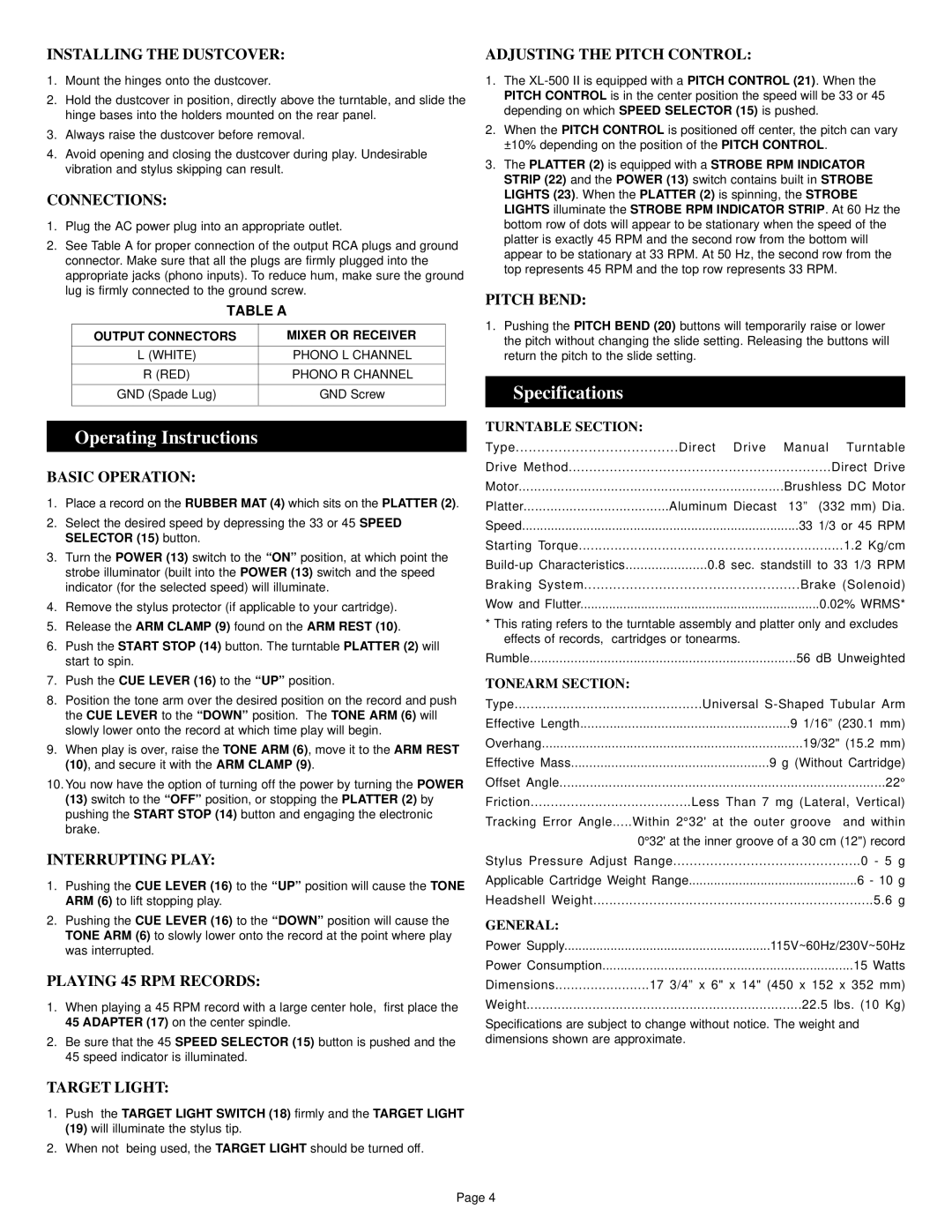 Gemini XL-500 II manual Operating Instructions, Specifications 