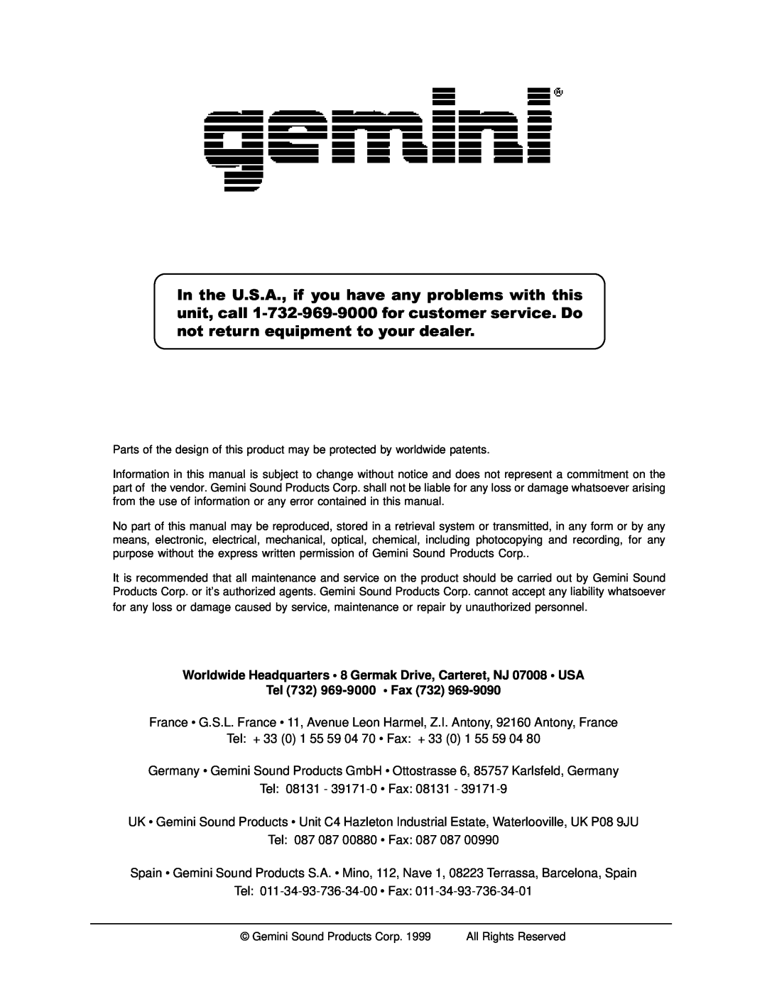 Gemini XL-500 II manual Tel 732 969-9000 Fax 
