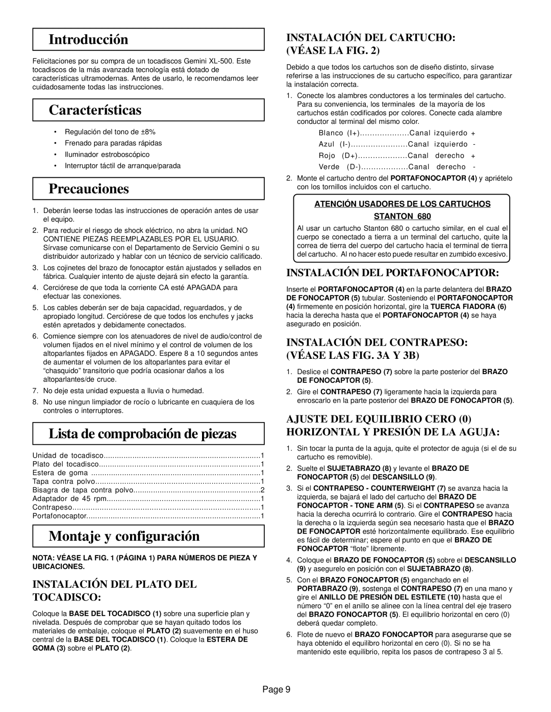 Gemini XL-500 manual Introducción, Características, Precauciones, Lista de comprobación de piezas, Montaje y configuración 