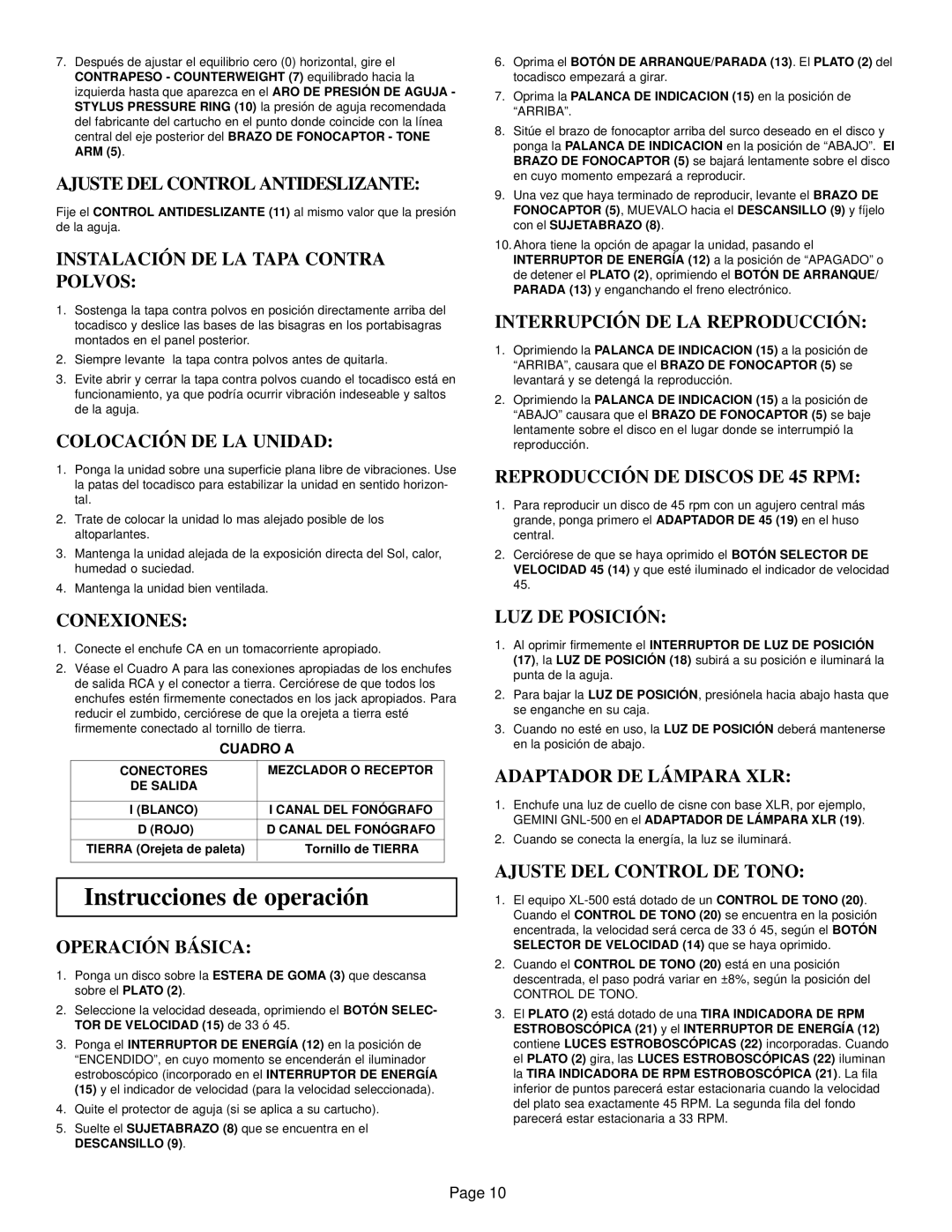 Gemini XL-500 manual Instrucciones de operación 