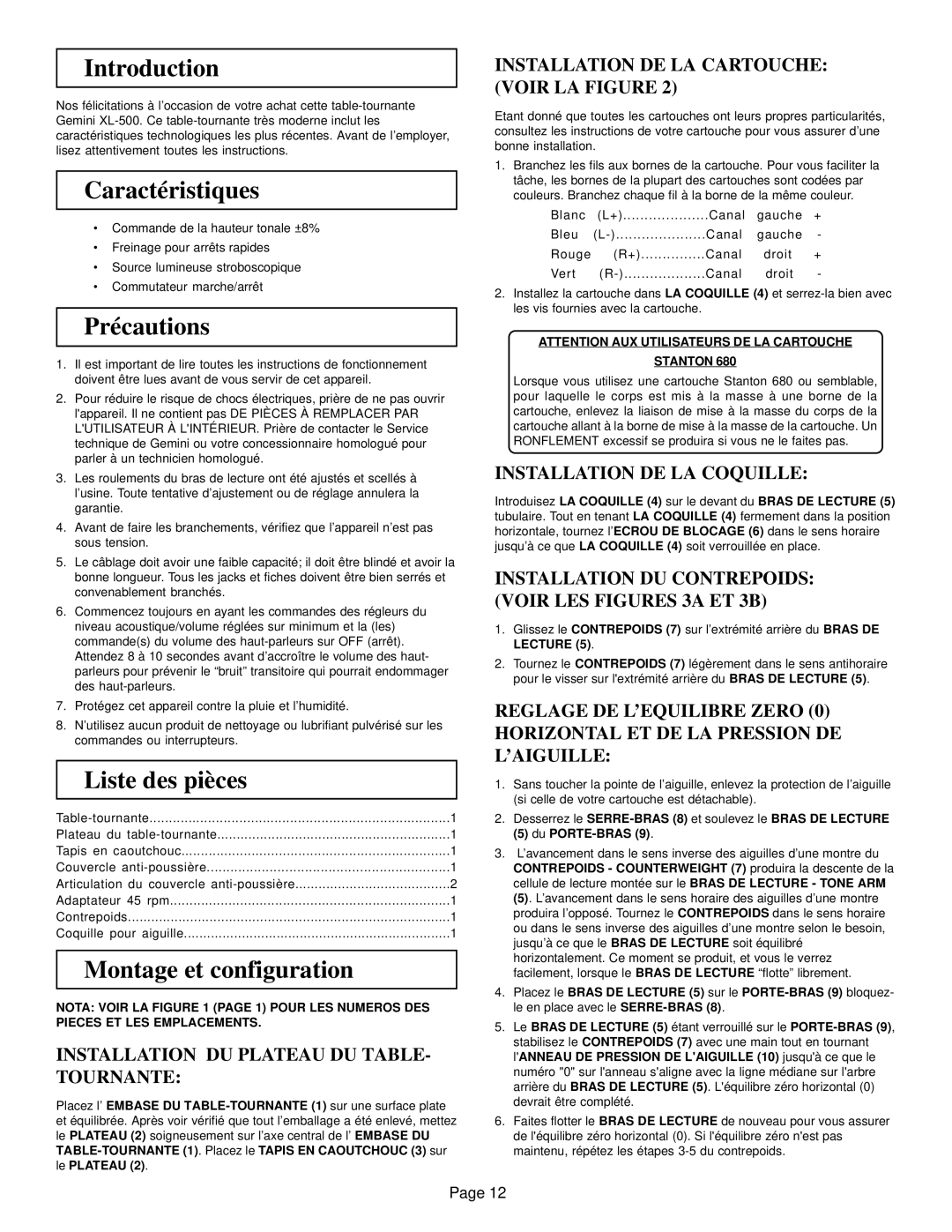 Gemini XL-500 manual Caractéristiques, Précautions, Liste des pièces, Montage et configuration 