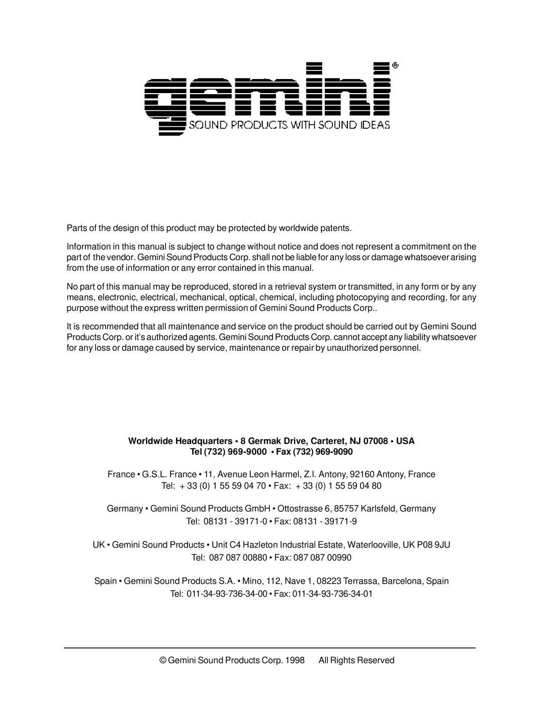 Gemini XL-500 manual 