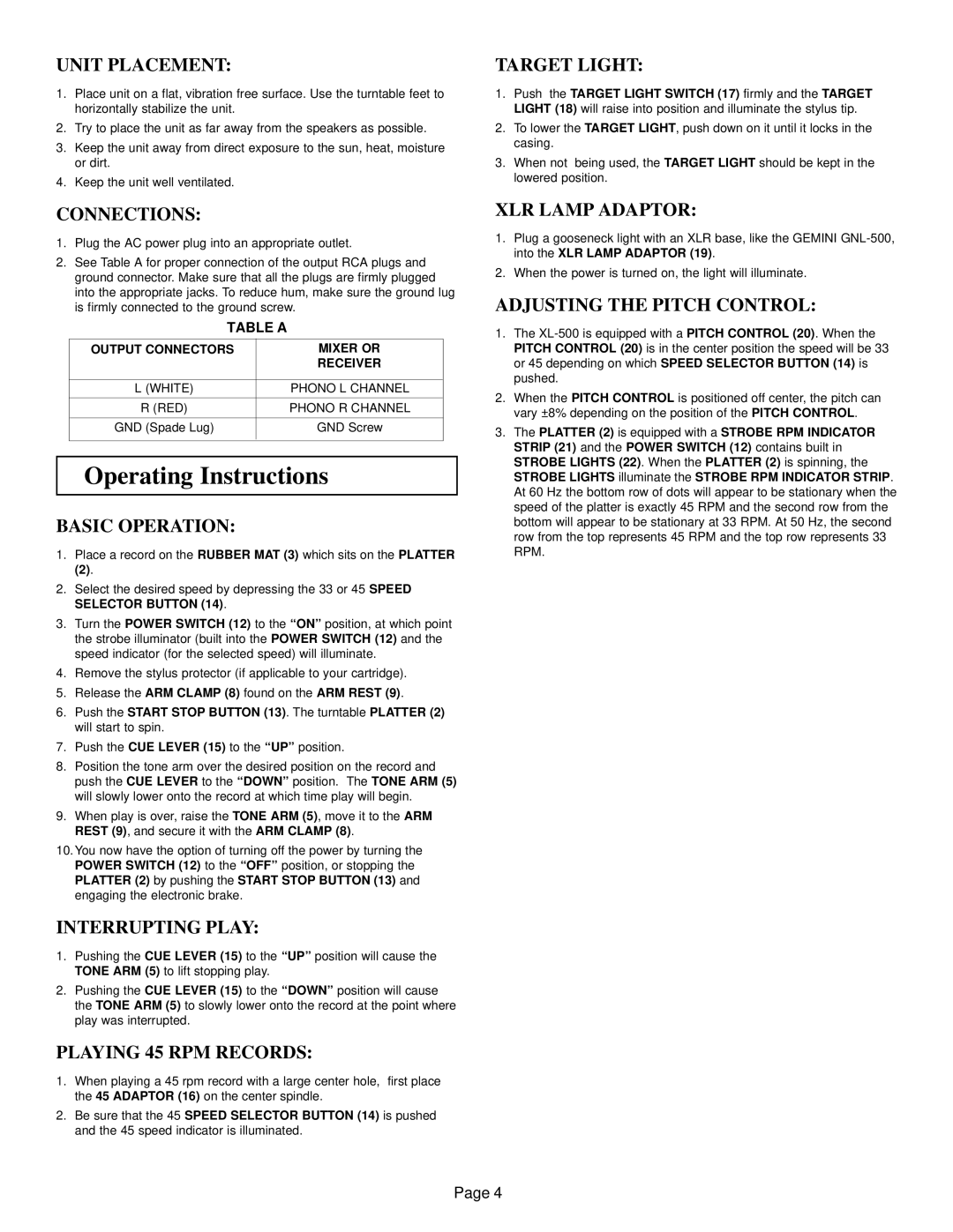 Gemini XL-500 manual Operating Instructions 