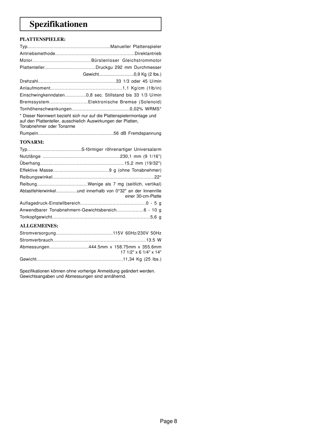 Gemini XL-500 manual Spezifikationen, Plattenspieler, Tonarm, Allgemeines 