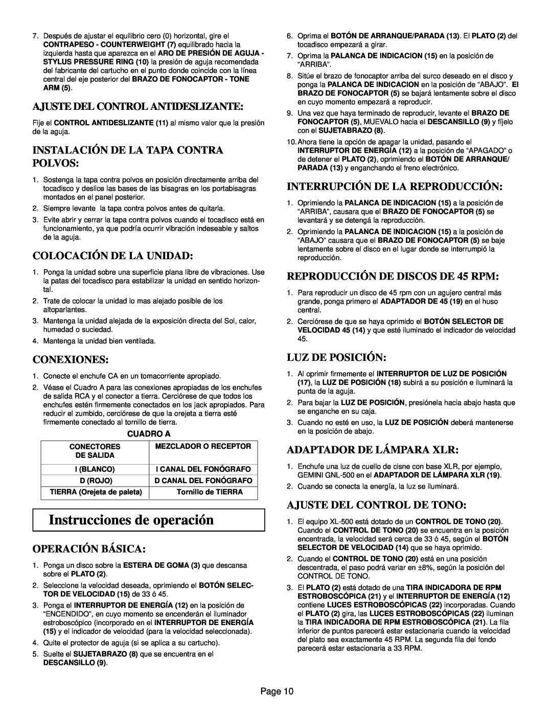 Gemini XL-500 manual Instrucciones de operación, Ajuste Del Control Antideslizante, Instalación De La Tapa Contra Polvos 