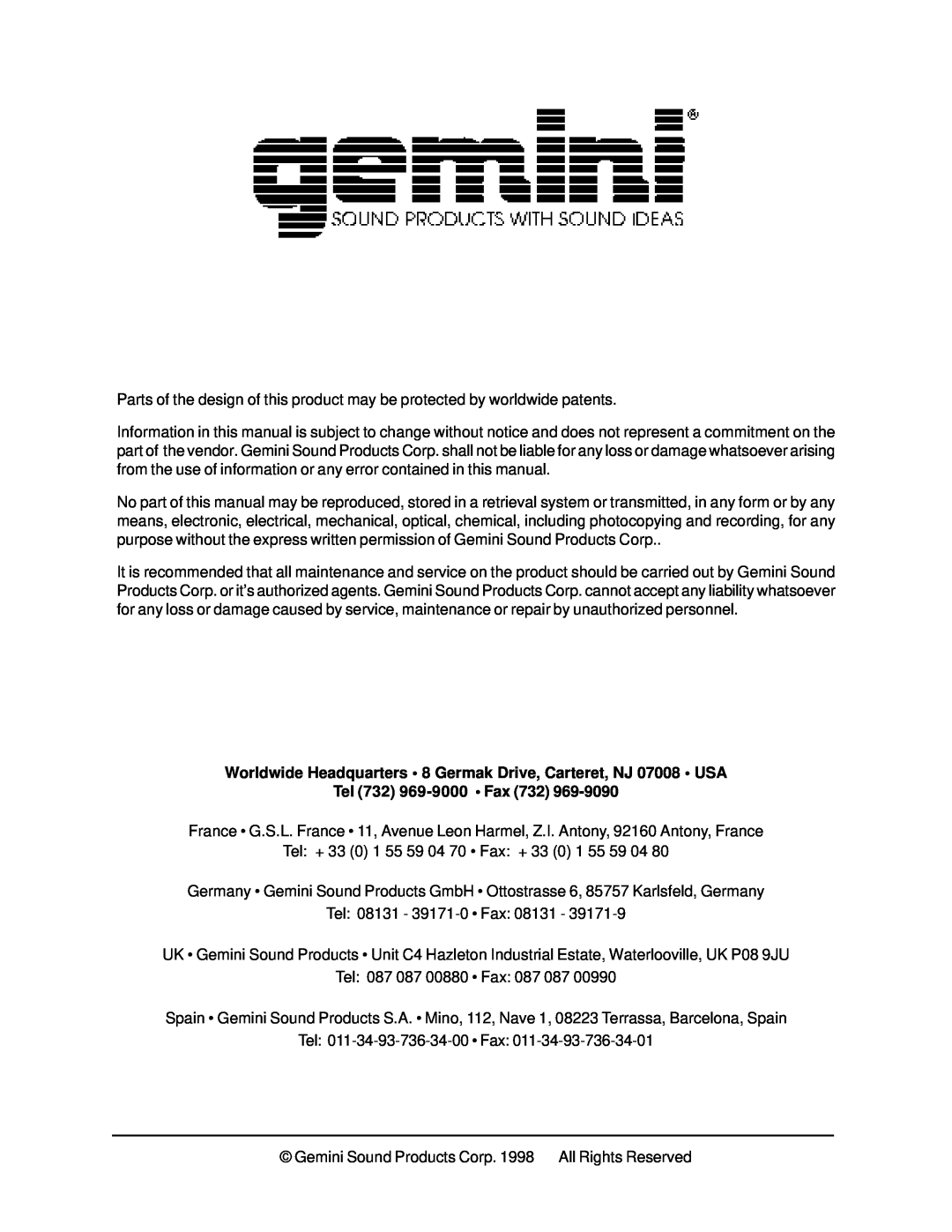 Gemini XL-500 manual Tel 732 969-9000 Fax 