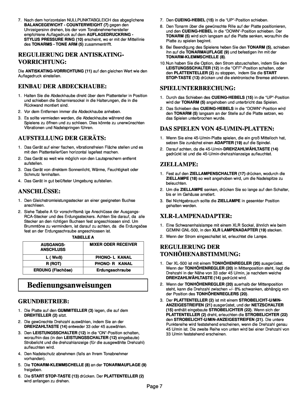 Gemini XL-500 manual Bedienungsanweisungen, Regulierung Der Antiskating- Vorrichtung, Einbau Der Abdeckhaube, Anschlüsse 