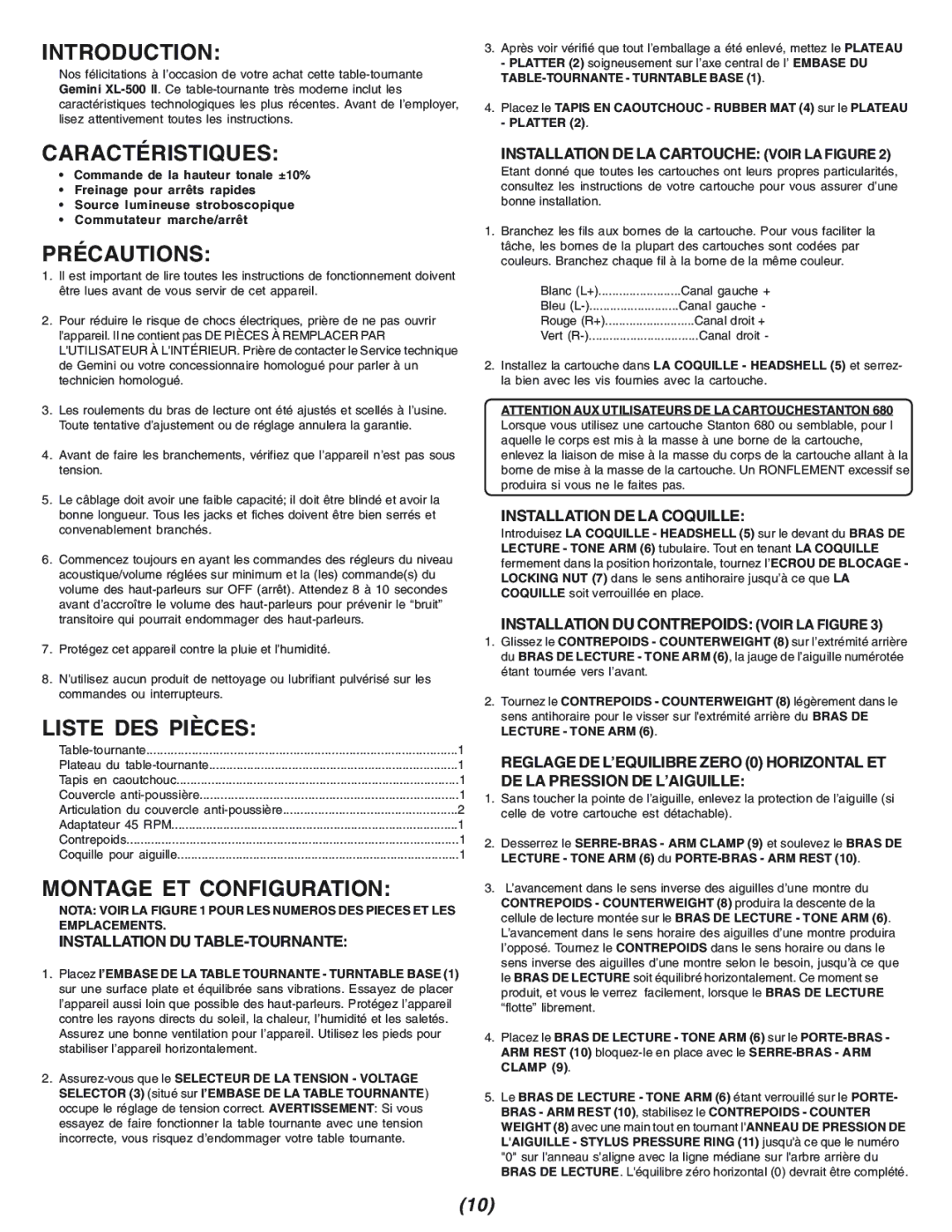 Gemini XL-500II manual Caractéristiques, Précautions, Liste DES Pièces, Montage ET Configuration 