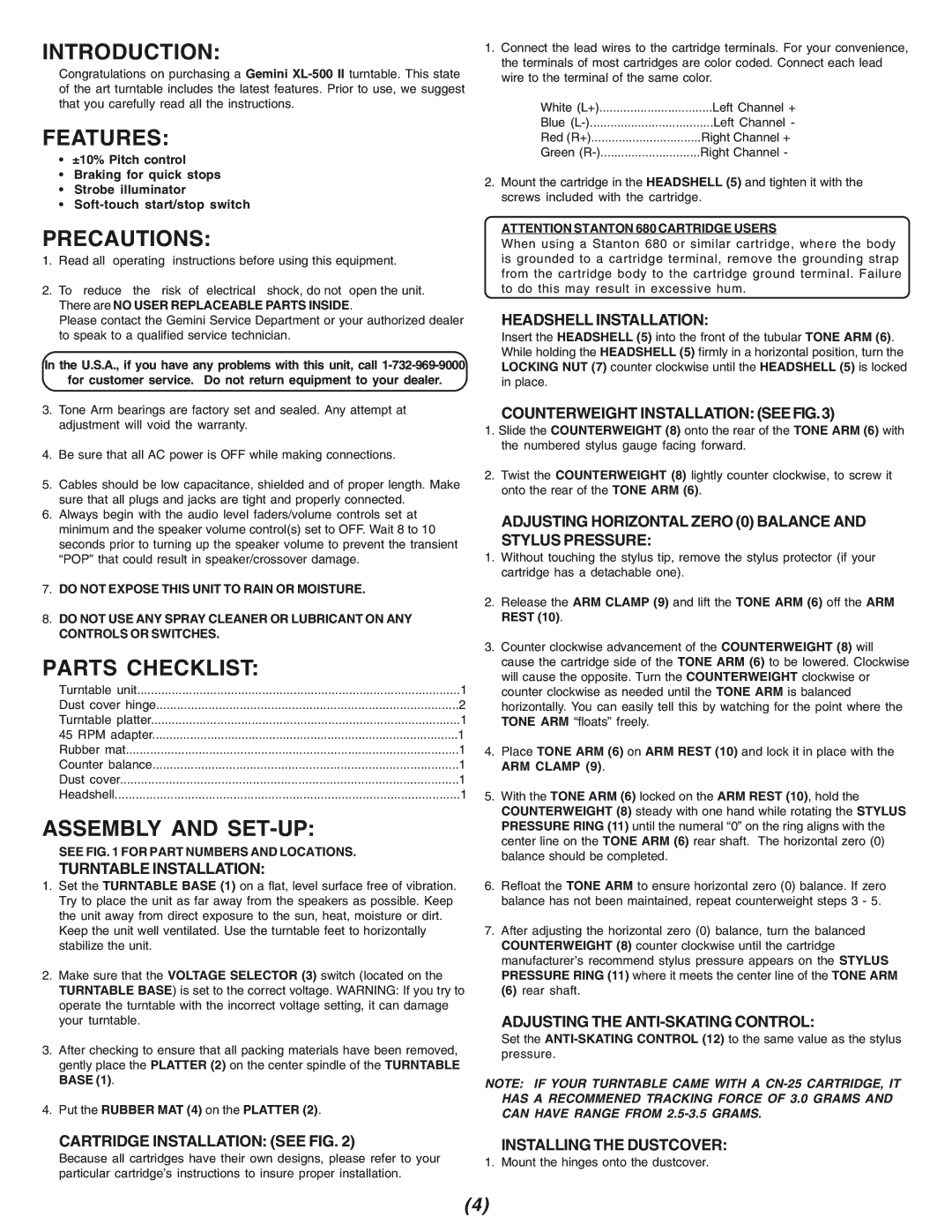 Gemini XL-500II manual Introduction, Features, Precautions, Parts Checklist, Assembly and SET-UP 