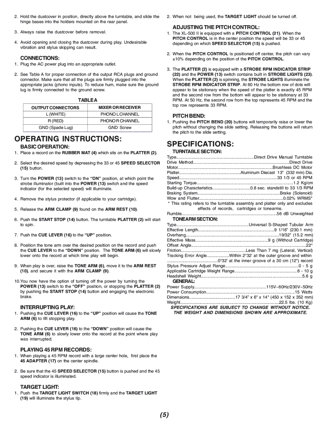 Gemini XL-500II manual Operating Instructions, Specifications 