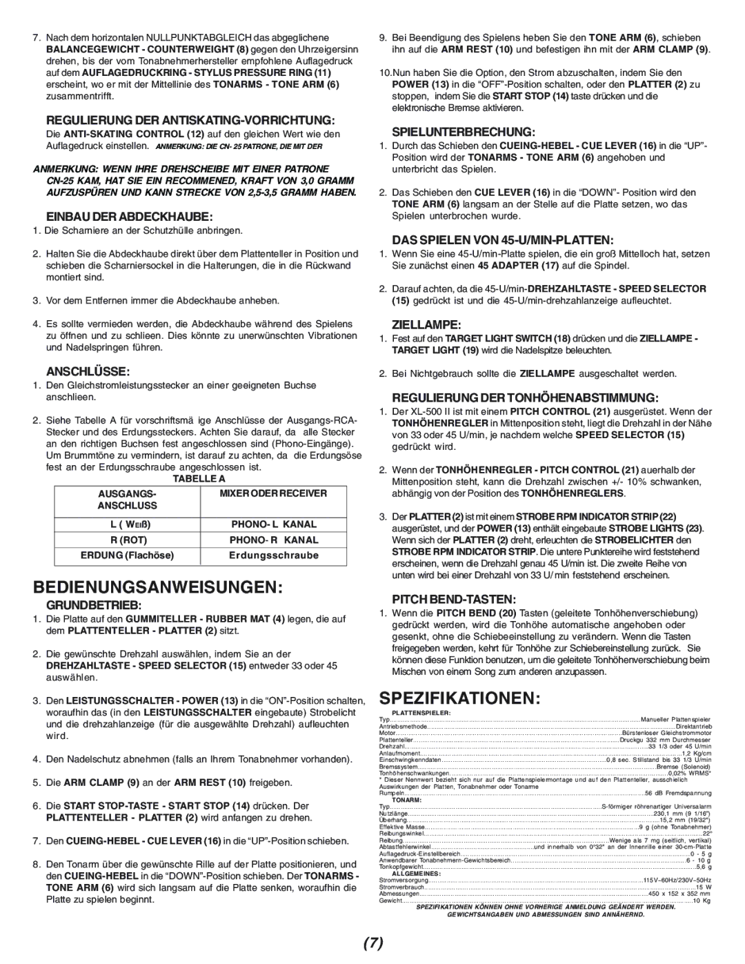 Gemini XL-500II manual Bedienungsanweisungen, Spezifikationen 