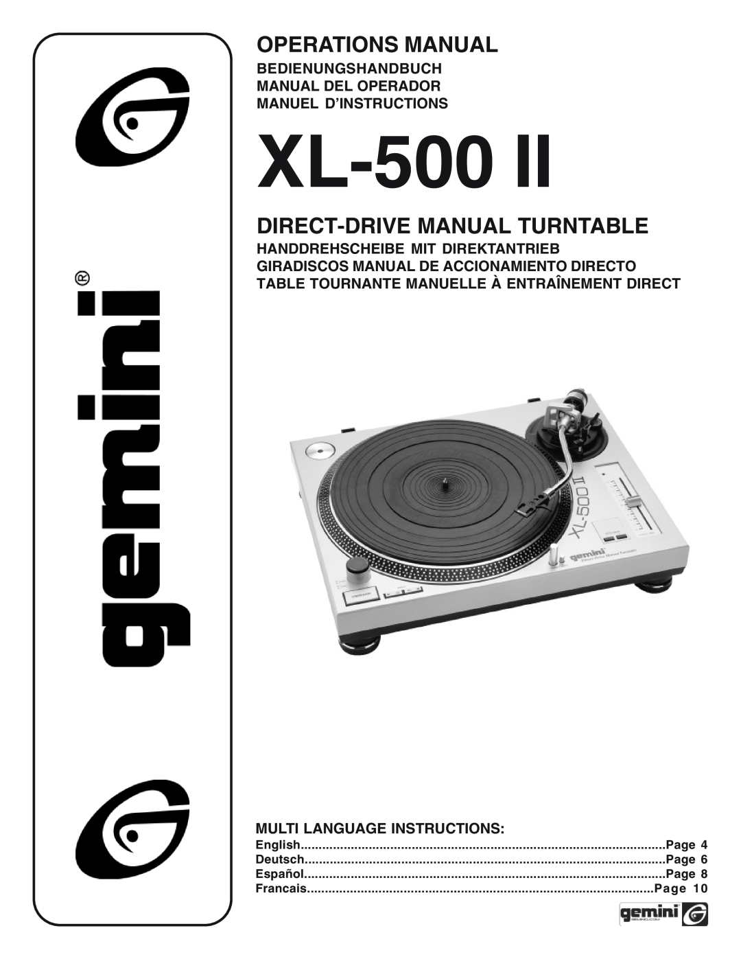Gemini XL-500II manual Bedienungshandbuch Manual Del Operador, Manuel D’Instructions, Multi Language Instructions, Page 
