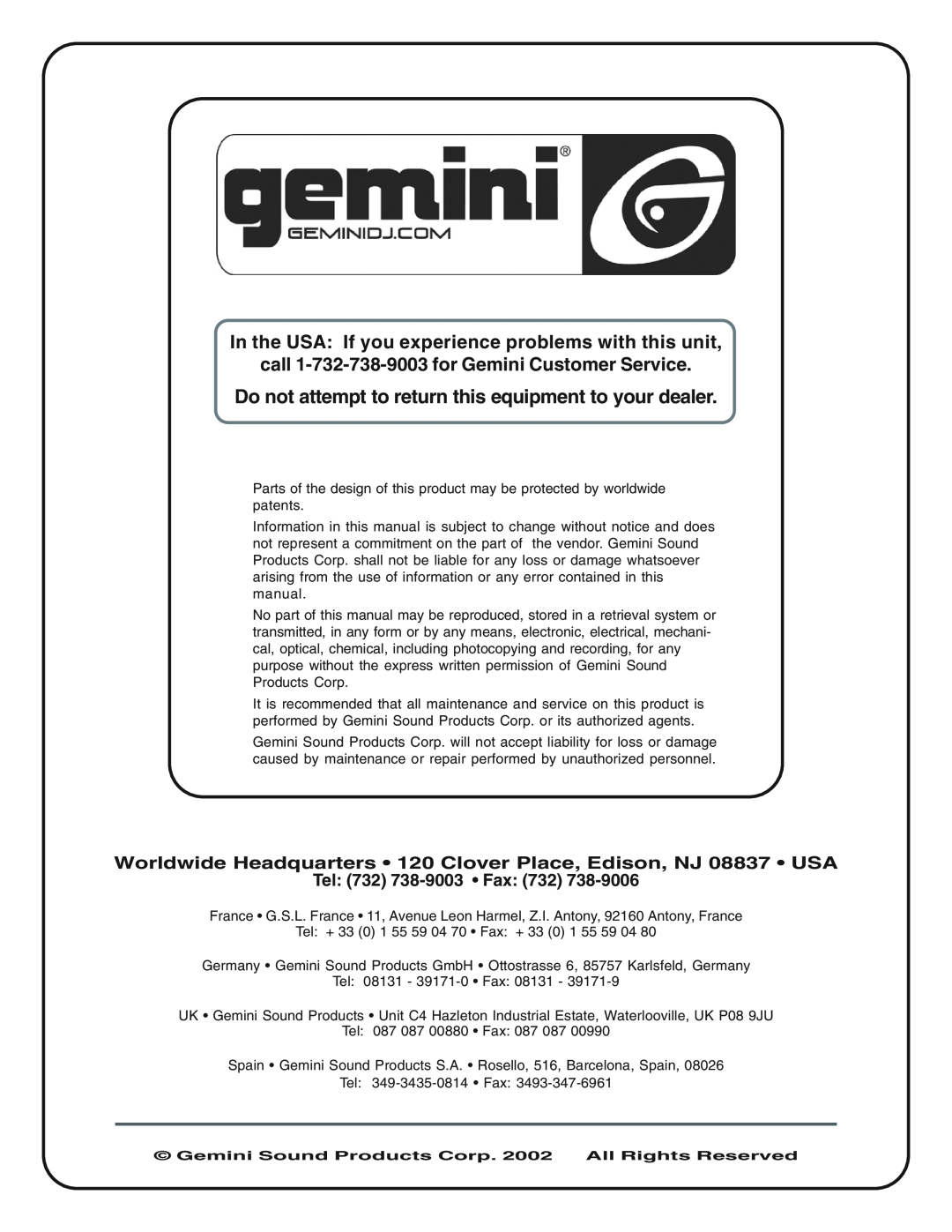 Gemini XL-500II manual call 1-732-738-9003for Gemini Customer Service, Tel 732 738-9003 Fax 