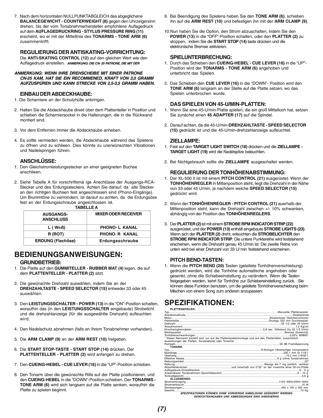 Gemini XL-500II Bedienungsanweisungen, Spezifikationen, Regulierung Der Antiskating-Vorrichtung, Einbau Der Abdeckhaube 