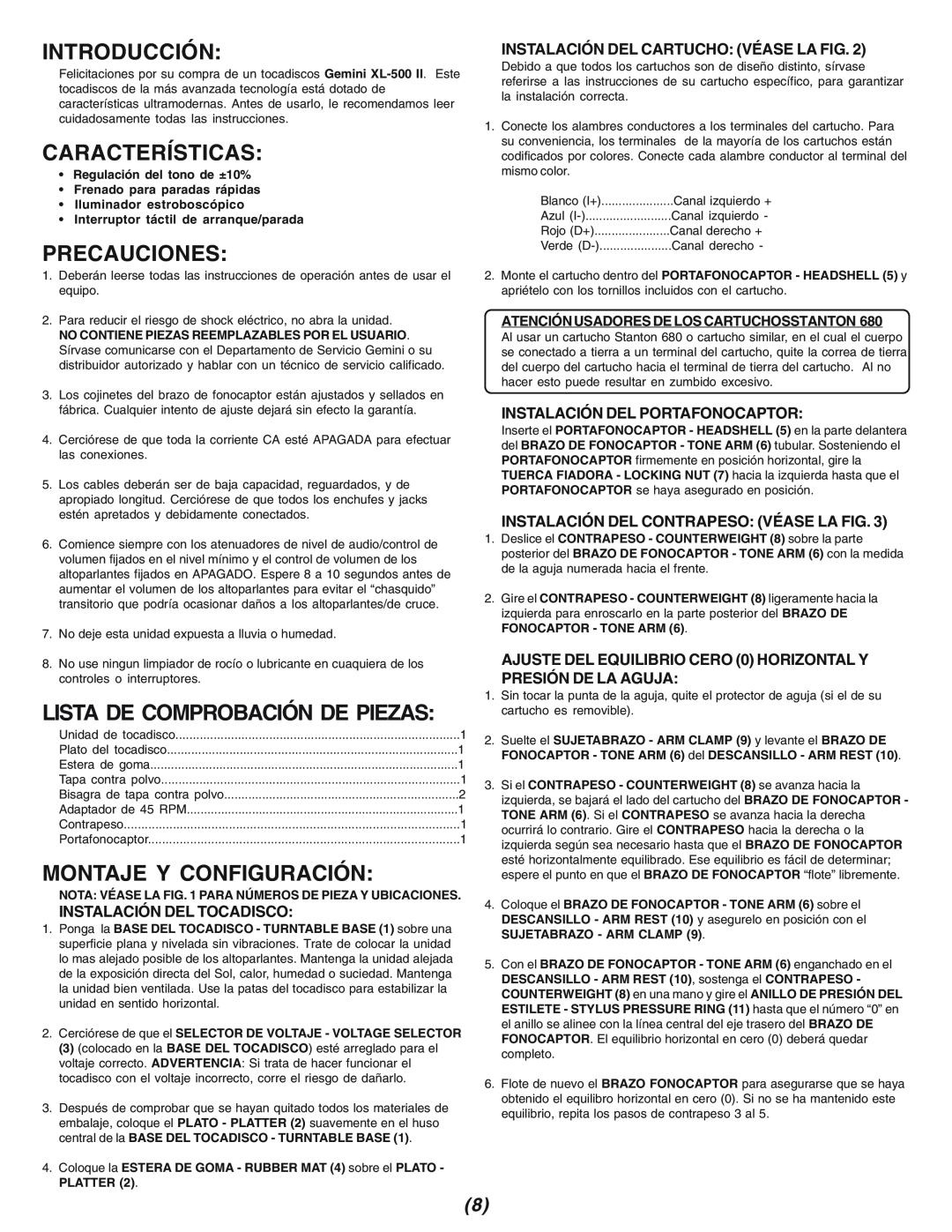 Gemini XL-500II manual Introducción, Características, Precauciones, Montaje Y Configuración, Instalación Del Tocadisco 