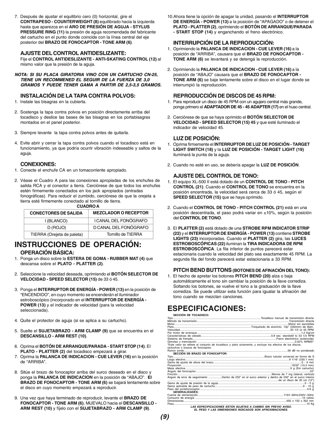 Gemini XL-500II manual Instrucciones De Operación, Especificaciones, Ajuste Del Control Antideslizante, Conexiones 
