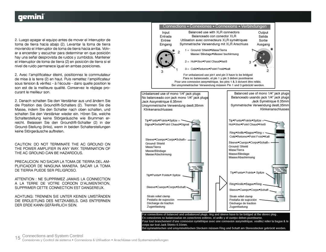 Gemini XP-6000, XP-3000 instruction manual Connections Conexiones Connexions Verbindungen 