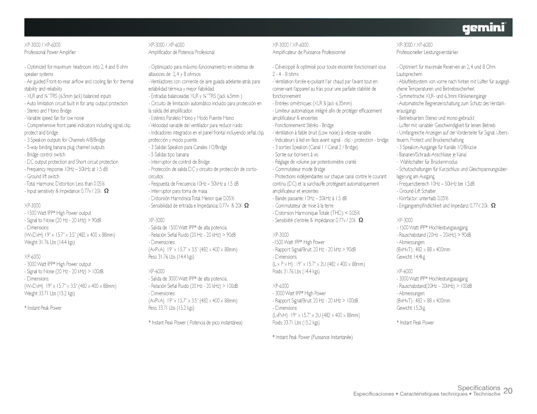 Gemini XP-3000, XP-6000 instruction manual Specifications 