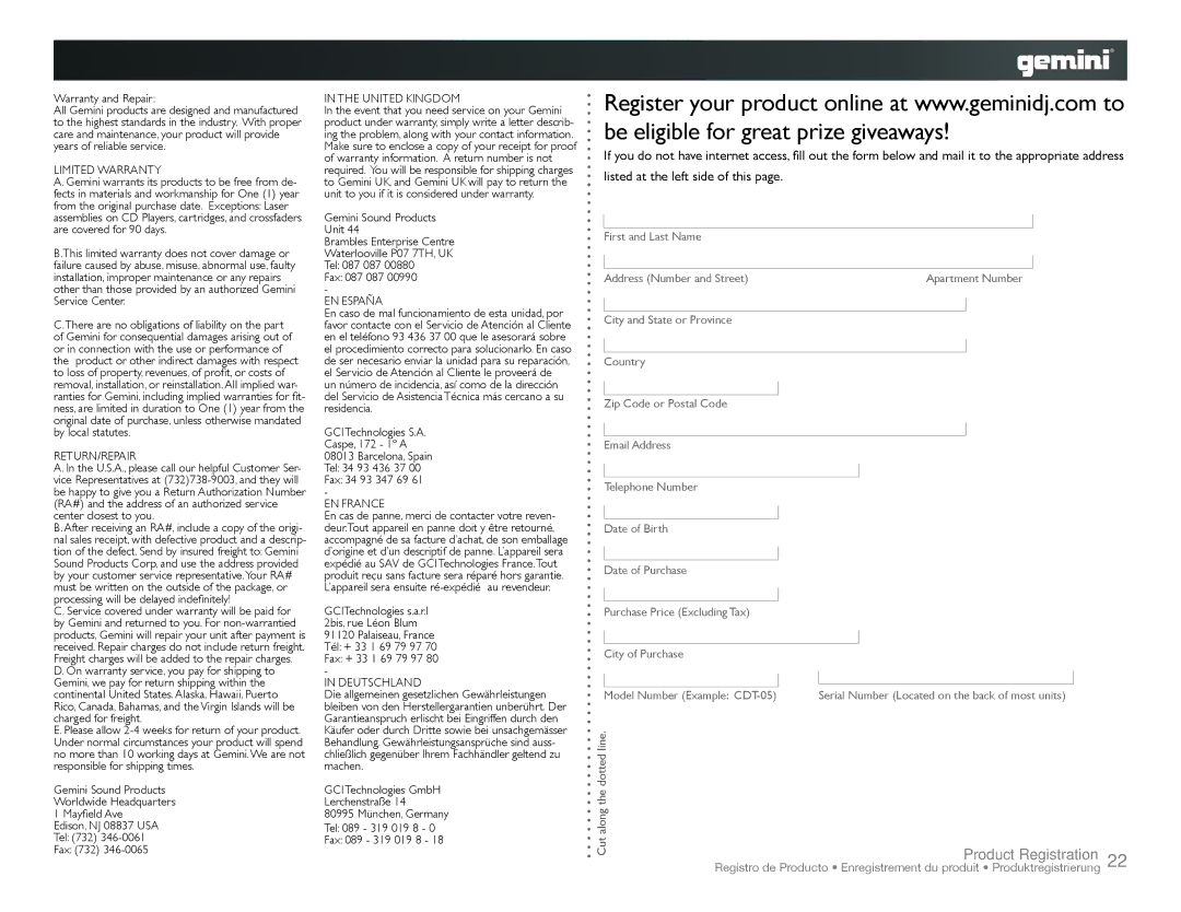 Gemini XP-3000, XP-6000 instruction manual Product Registration, Warranty and Repair 