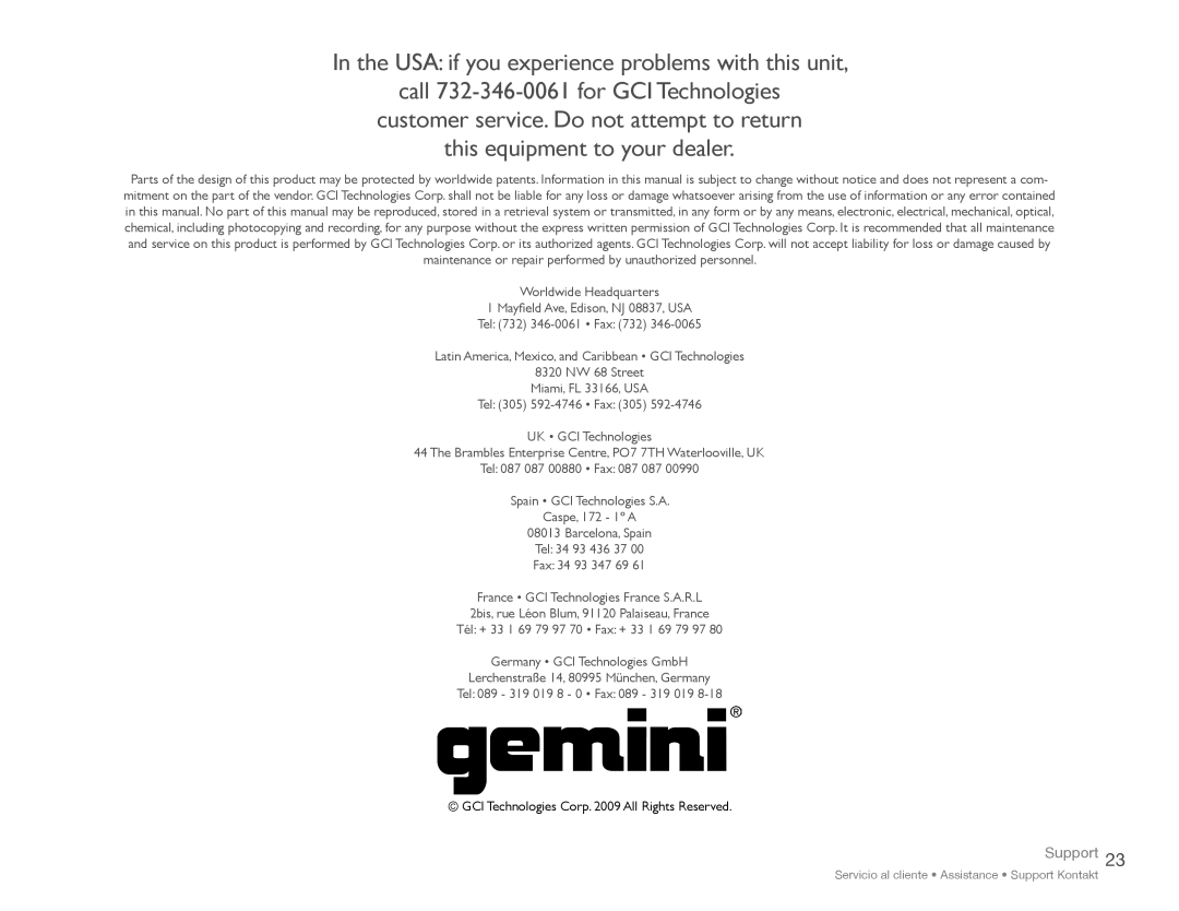 Gemini XP-6000, XP-3000 instruction manual Support, GCI Technologies Corp All Rights Reserved 