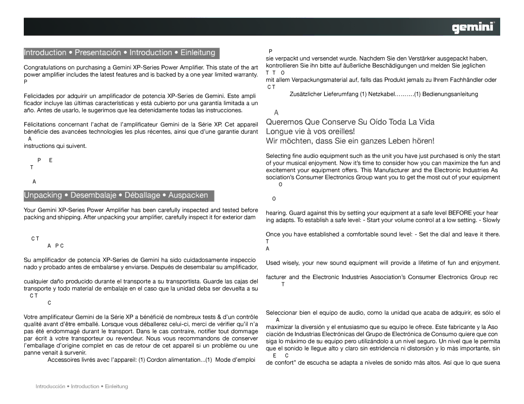 Gemini XP-6000, XP-3000 instruction manual Introduction Presentación Introduction Einleitung 