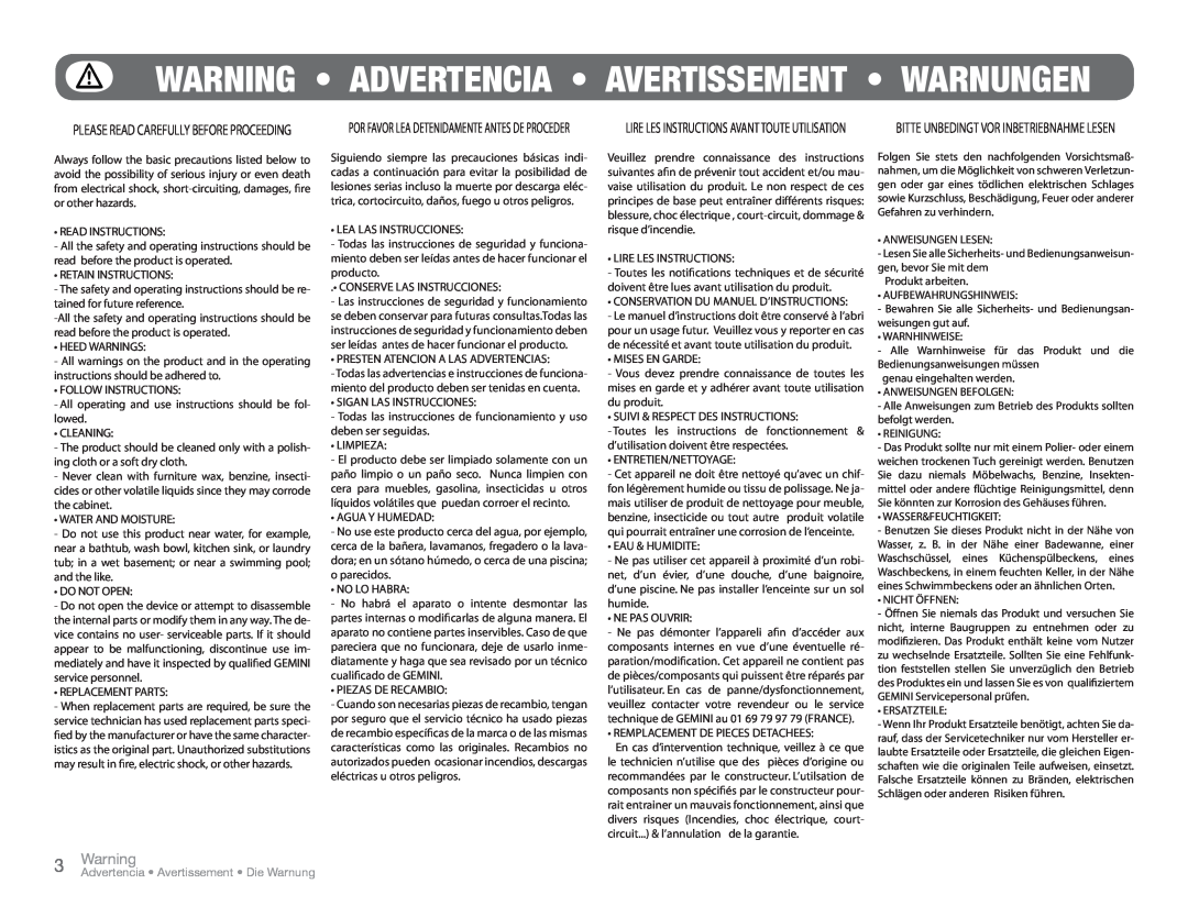 Gemini XP-6000, XP-3000 Warning Advertencia Avertissement Warnungen, 3WarningAdvertencia Avertissement Die Warnung 