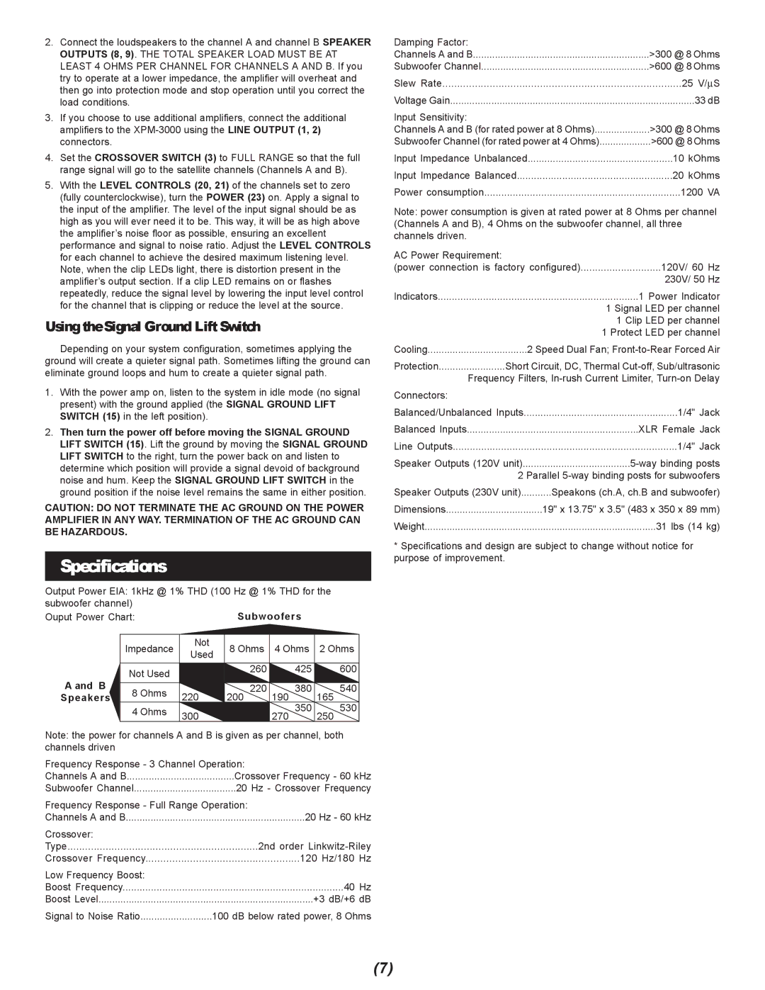 Gemini XPM-3000 manual Specifications, Using the Signal Ground Lift Switch 