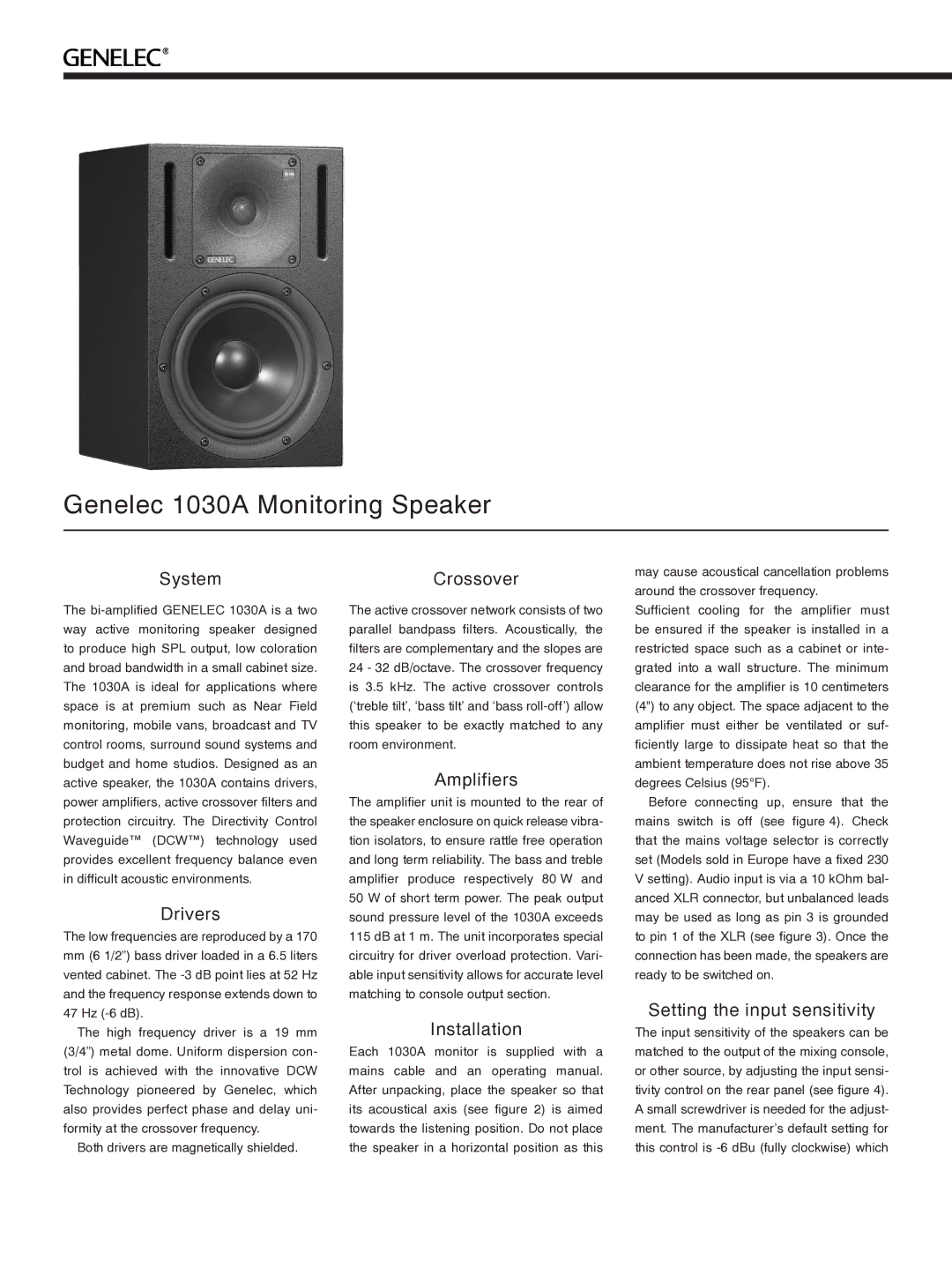 Genelec manual Genelec 1030A Monitoring Speaker 