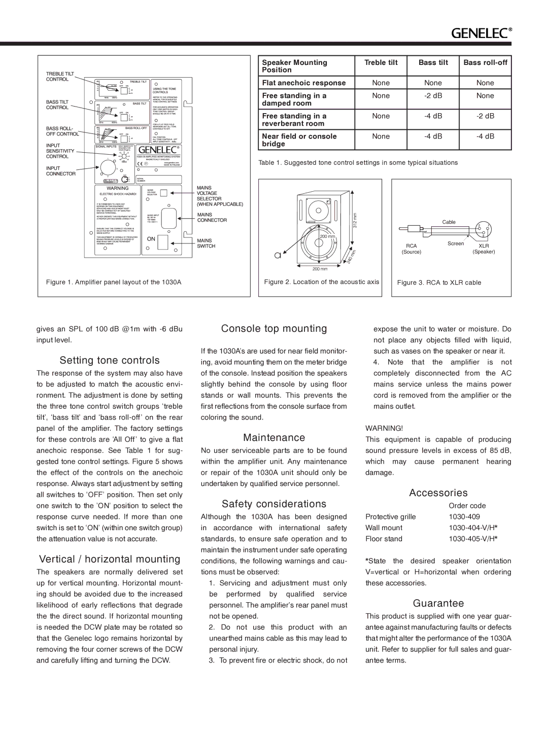 Genelec 1030A manual Setting tone controls, Vertical / horizontal mounting, Console top mounting, Maintenance, Accessories 