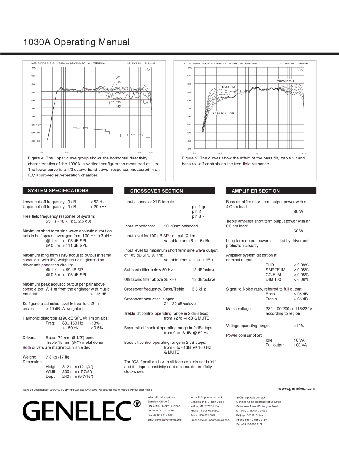 Genelec manual 1030A Operating Manual, System Specifications Crossover Section Amplifier Section 