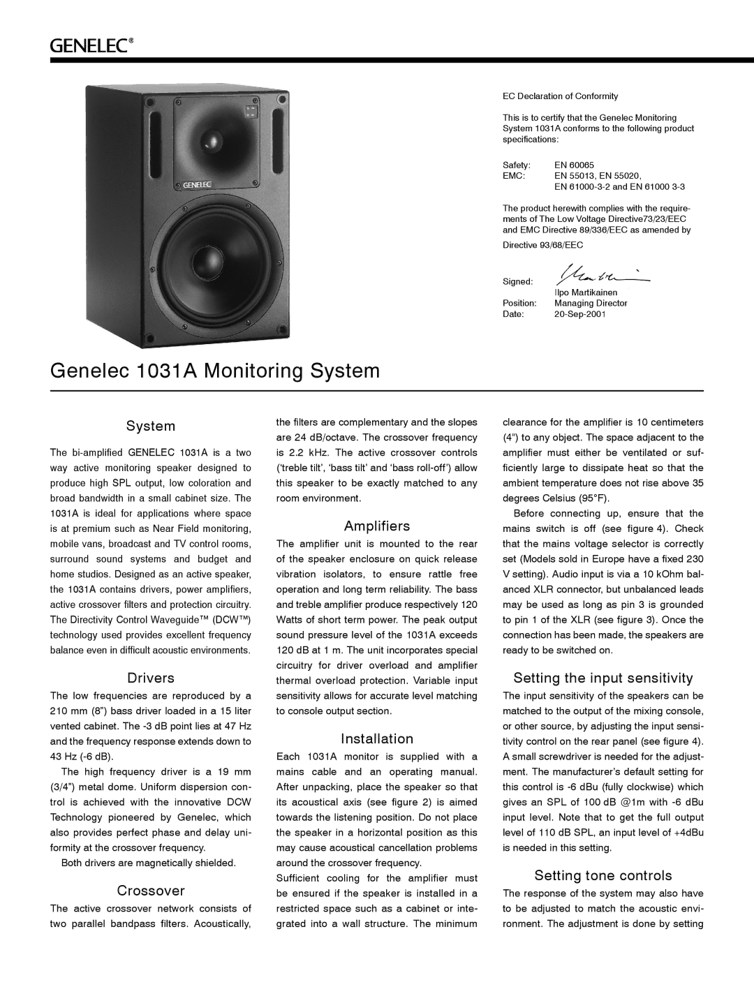 Genelec manual Genelec 1031A Monitoring System 