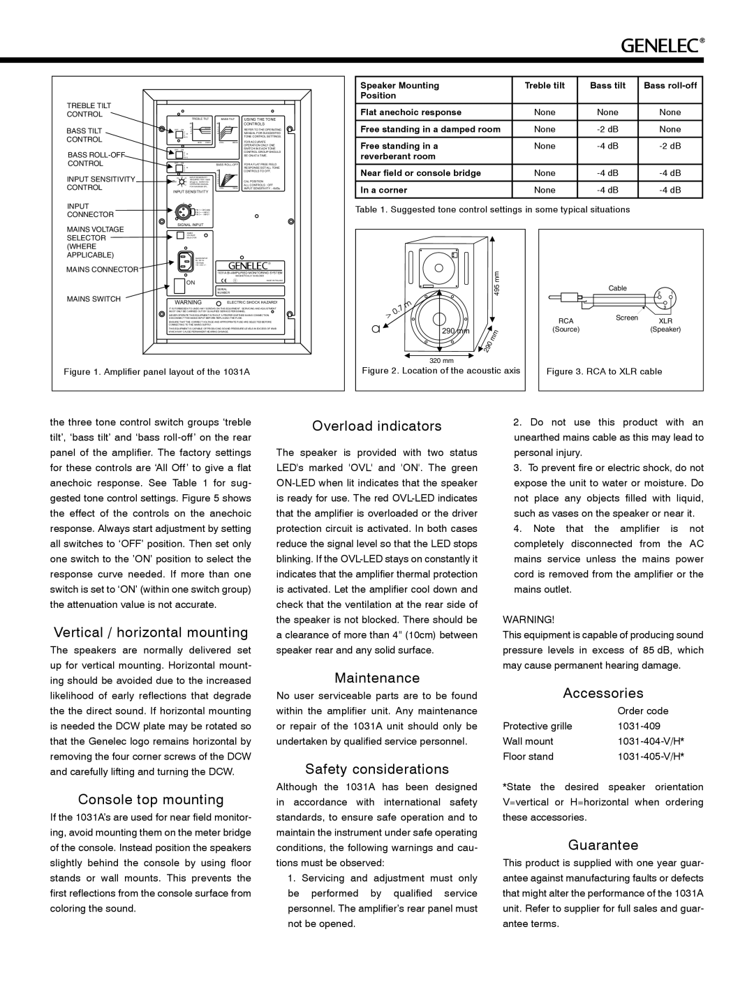 Genelec 1031A manual Vertical / horizontal mounting, Console top mounting, Overload indicators, Maintenance, Accessories 