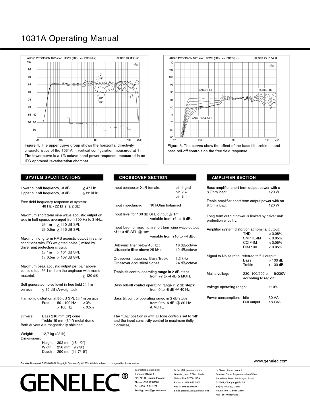 Genelec manual 1031A Operating Manual, Thd, Smpte-Im, Ccif-Im 