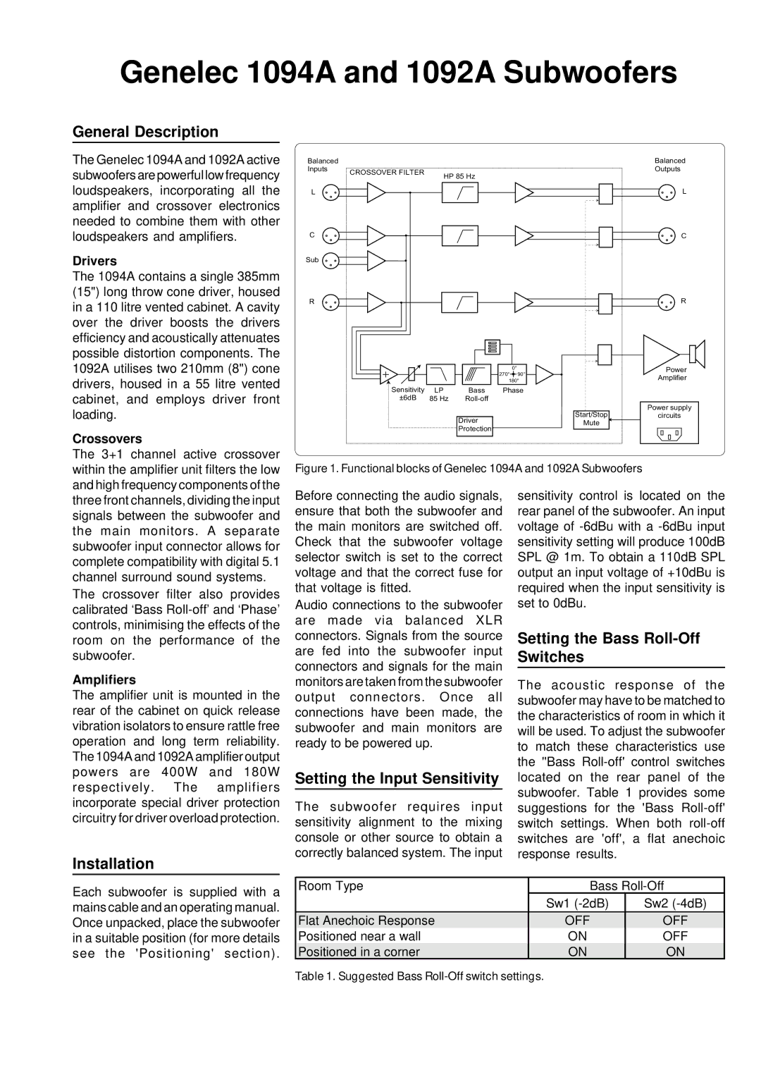 Genelec 1094A, 1092A General Description, Installation, Setting the Input Sensitivity, Setting the Bass Roll-Off Switches 