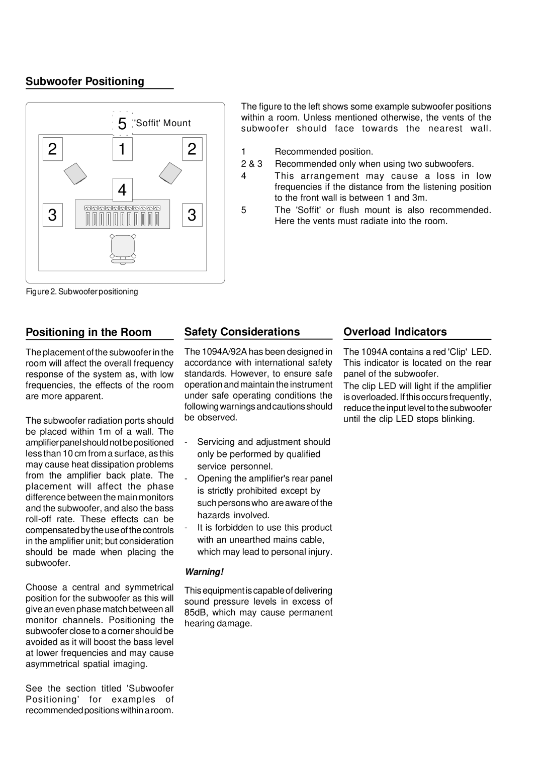 Genelec 1092A, 1094A manual Subwoofer Positioning, Subwoofer positioning 