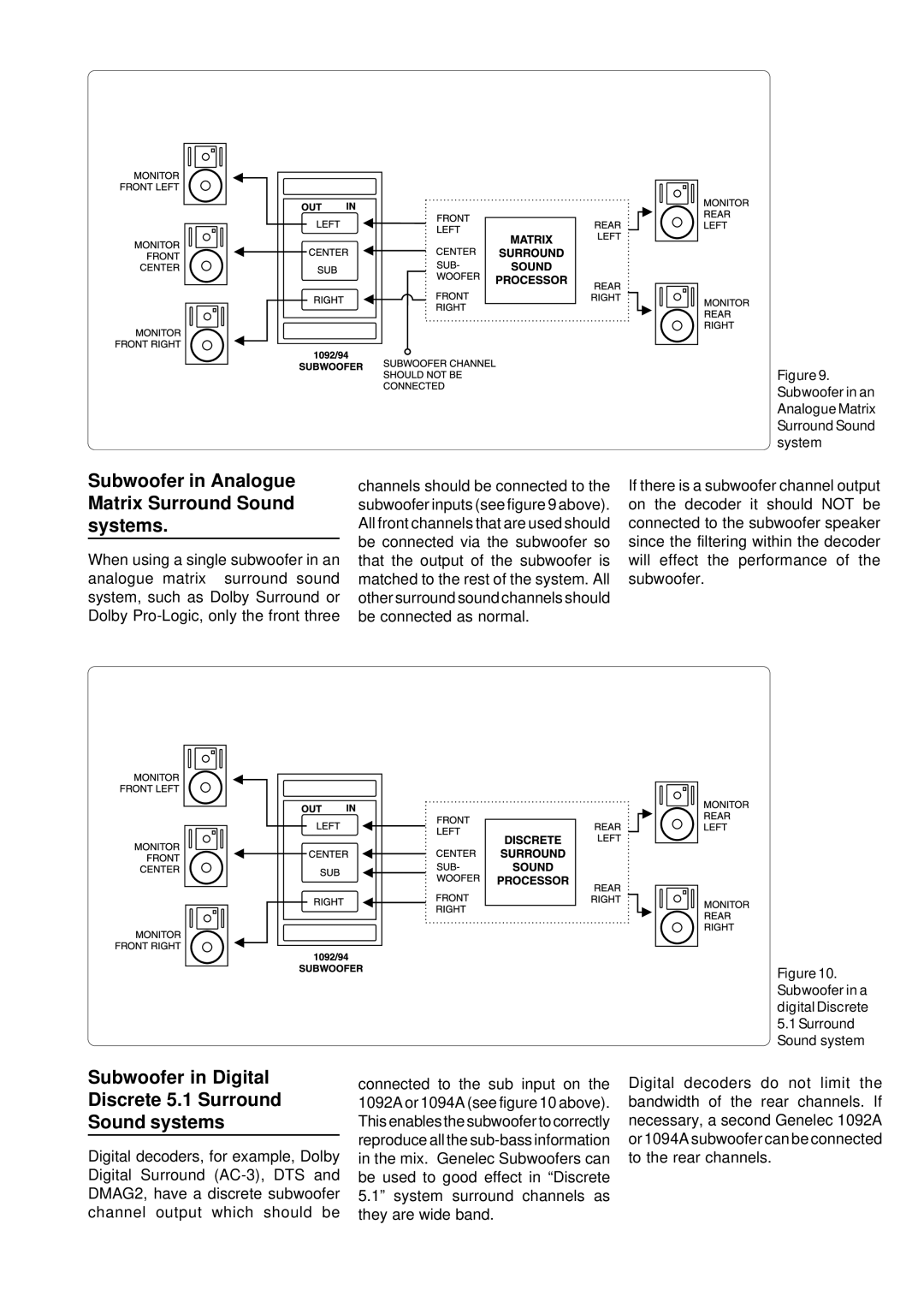 Genelec 1094A, 1092A manual Subwoofer in Analogue Matrix Surround Sound systems 