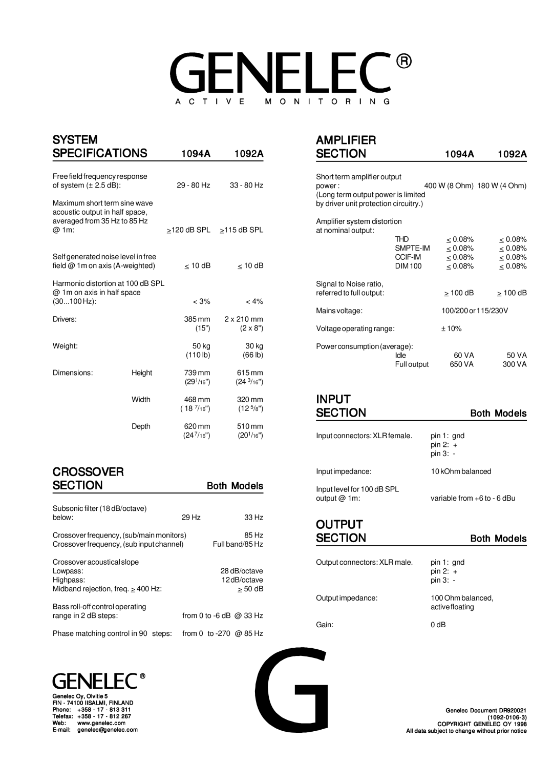 Genelec manual 1094A 1092A, Both Models 