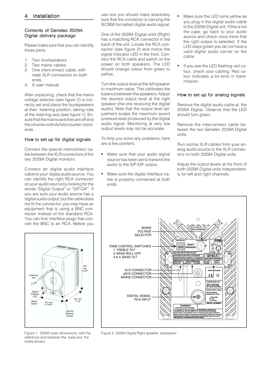 Genelec manual Installation, Contents of Genelec 2029A Digital delivery package, How to set up for digital signals 