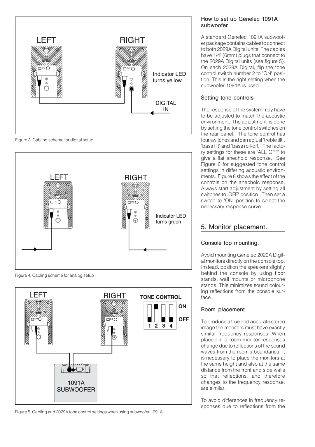 Genelec 2029A manual Monitor placement, How to set up Genelec 1091A subwoofer, Setting tone controls, Console top mounting 