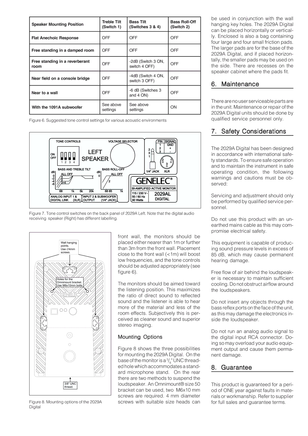 Genelec 2029A manual Maintenance, Safety Considerations, Guarantee, Mounting Options 