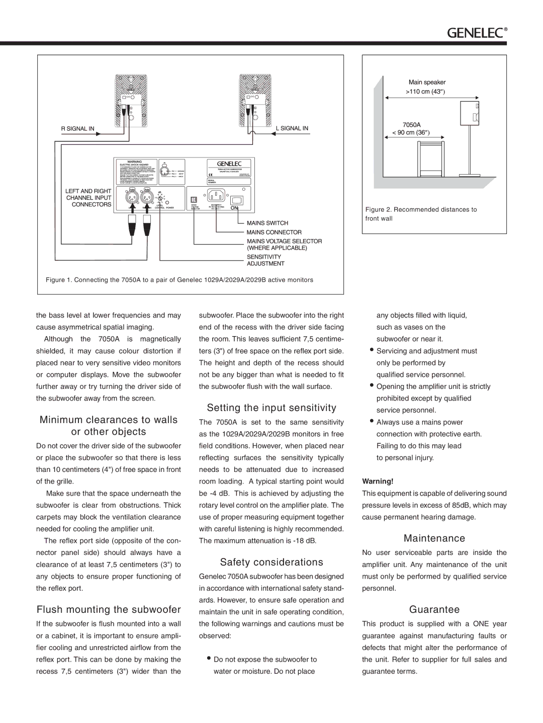 Genelec 7050A Minimum clearances to walls Or other objects, Flush mounting the subwoofer, Setting the input sensitivity 