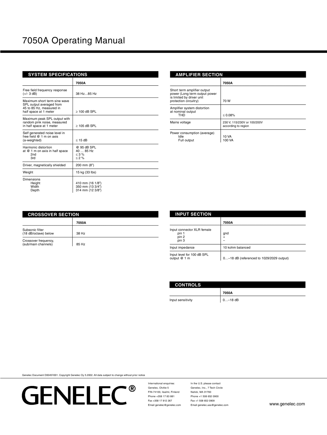 Genelec manual 7050A Operating Manual 