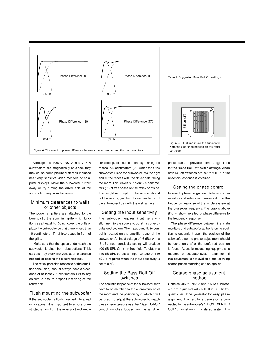 Genelec 7070A, 7071A, 7060A manual Minimum clearances to walls Or other objects, Setting the input sensitivity 