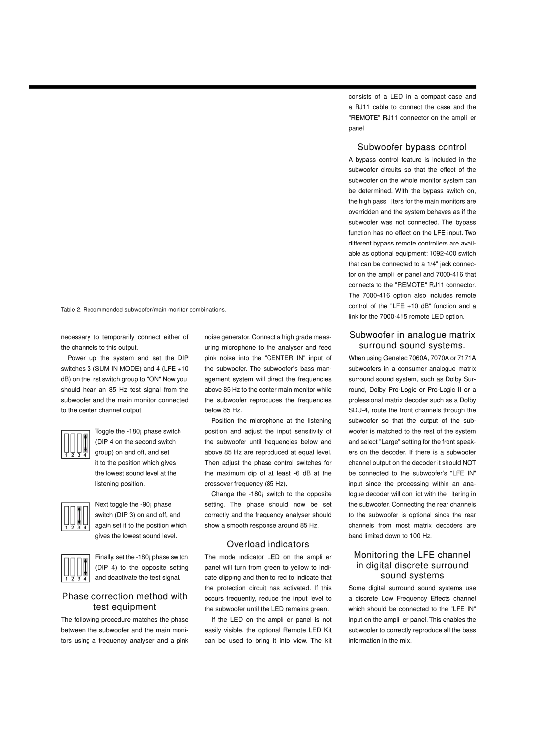 Genelec 7060A, 7070A, 7071A Subwoofer bypass control, Phase correction method with Test equipment, Overload indicators 