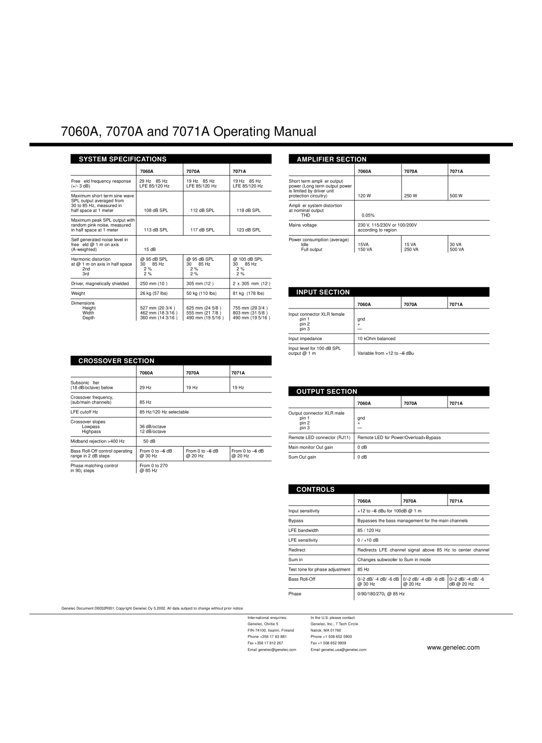 Genelec 7070A, 7071A manual 7060A, 7070A and 7071A Operating Manual, System Specifications 