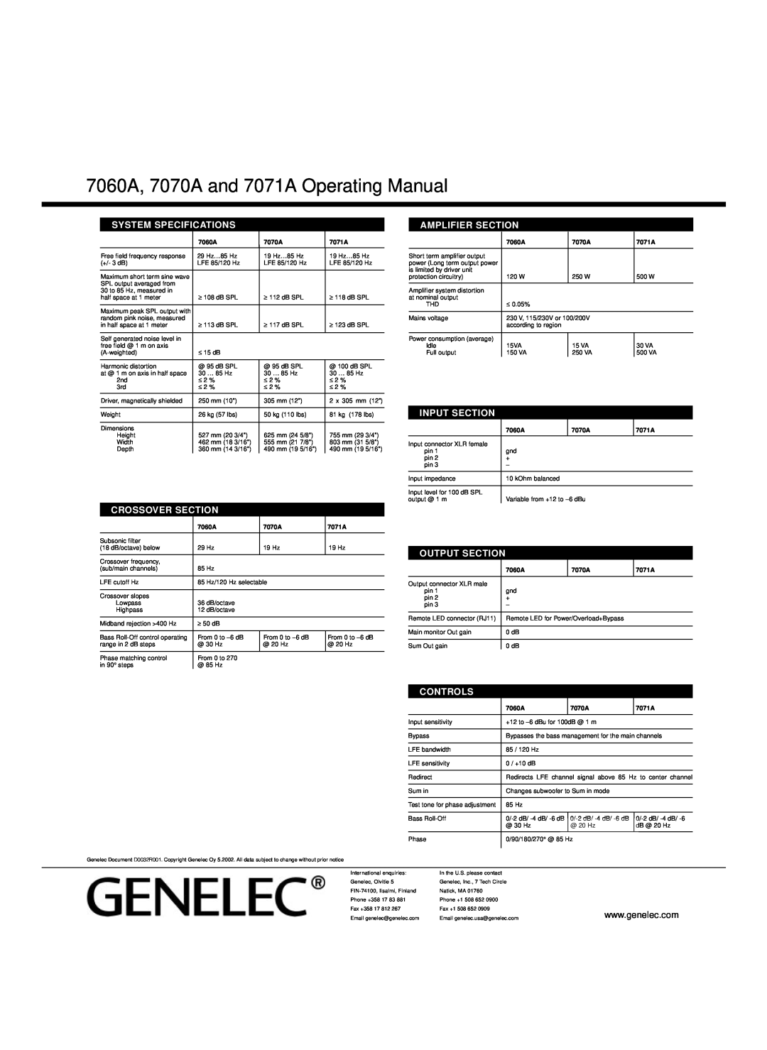 Genelec 7070A, 7071A 7060A, 7070A and 7071A Operating Manual, System Specifications, Amplifier Section, Input Section 