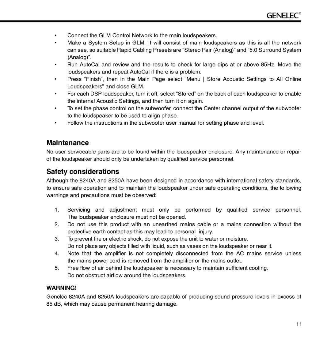 Genelec 8250A, 8240A manual Maintenance, Safety considerations 