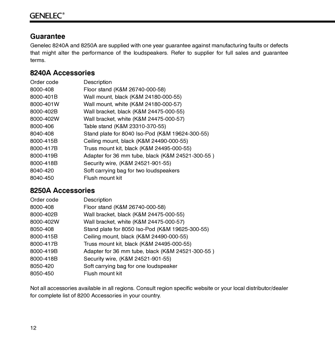 Genelec manual Guarantee, 8240A Accessories, 8250A Accessories 