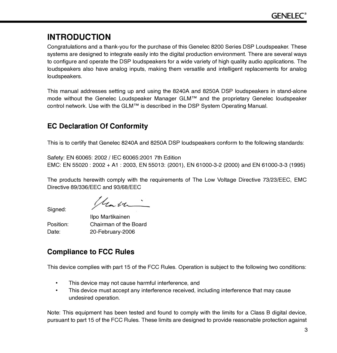 Genelec 8250A, 8240A manual Introduction, EC Declaration Of Conformity, Compliance to FCC Rules 