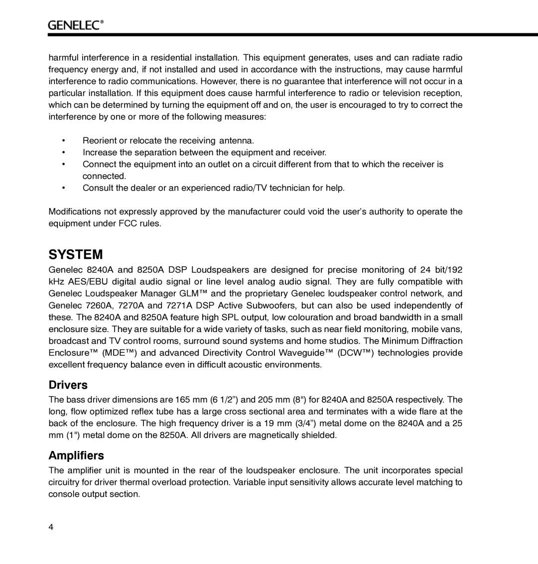 Genelec 8240A, 8250A manual System, Drivers, Amplifiers 